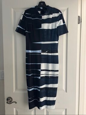 Akris Punto Navy and White Brushstrokes Striped Sheath Dress Sz 6